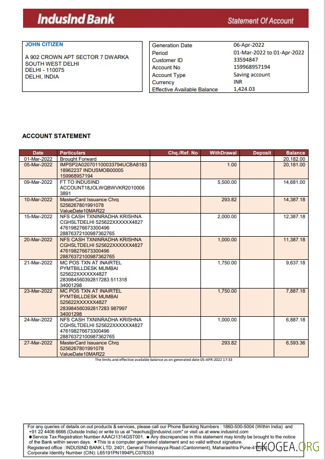 Relevé bancaire Inde IndusInd